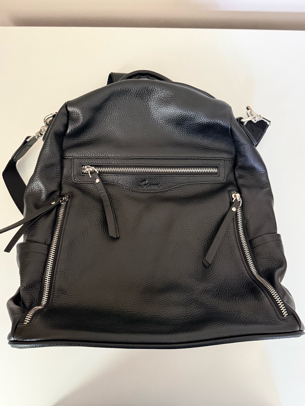 Szone Black Leather Backpack with Silver Zippers